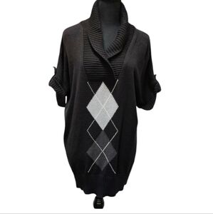 Cato Argyl Print Cowl Neck Black Grey Sweater 60% Cotton 40% Acrylic Size XL